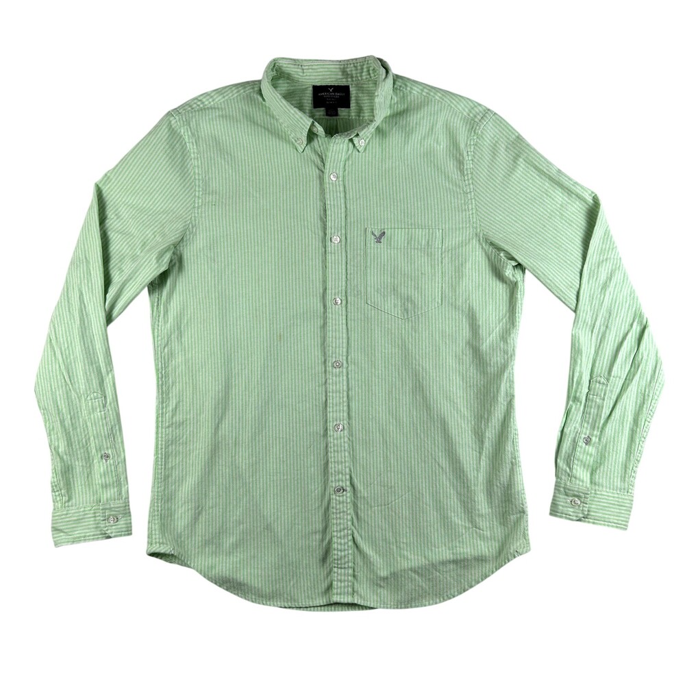 American Eagle Outfitters Shirt Mens Large Green Striped Long Sleeve Slim Fit